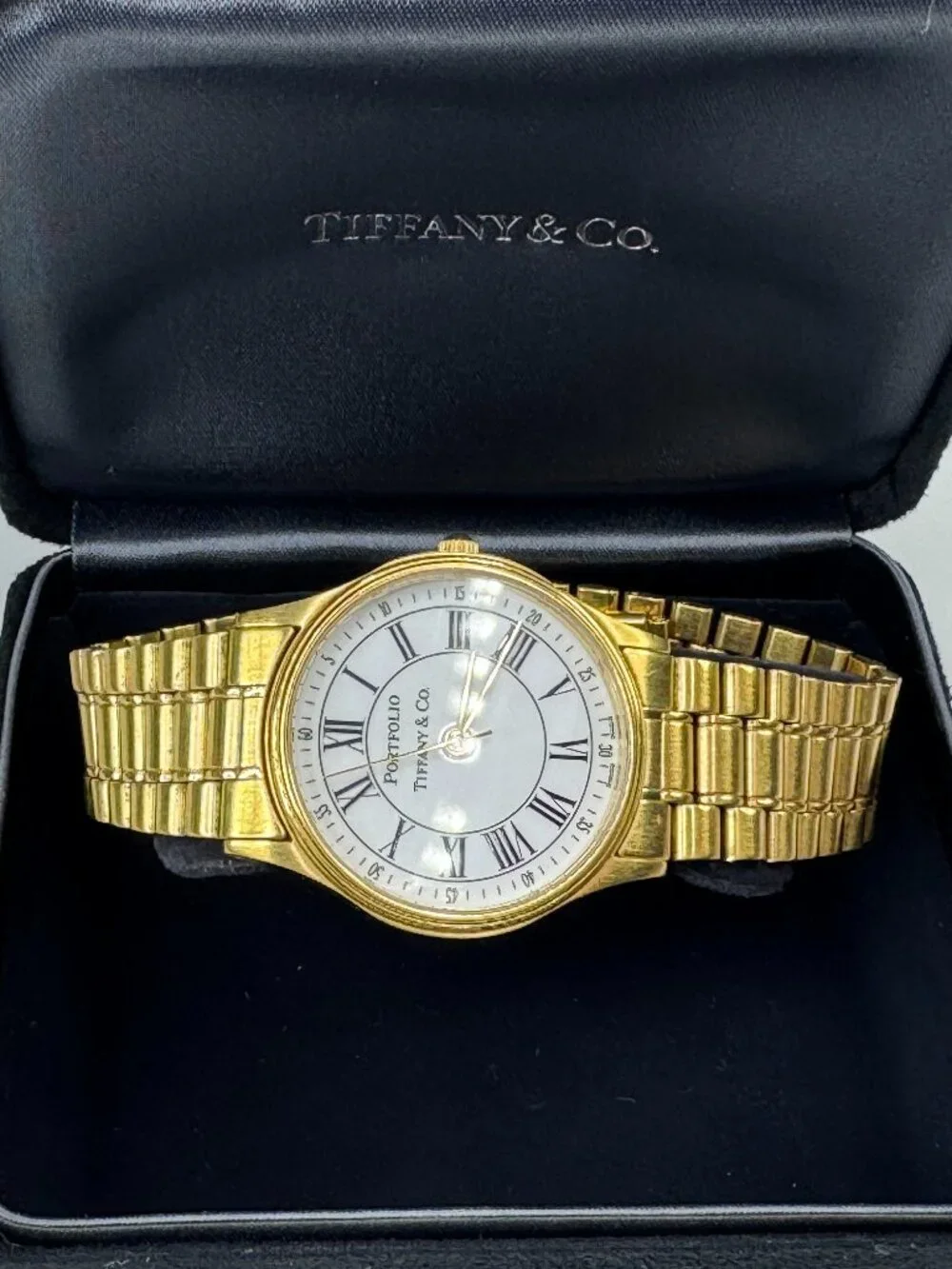Tiffany Co Portfolio Roman Numeral Unisex Wristwatch 32mm Sized 7.5